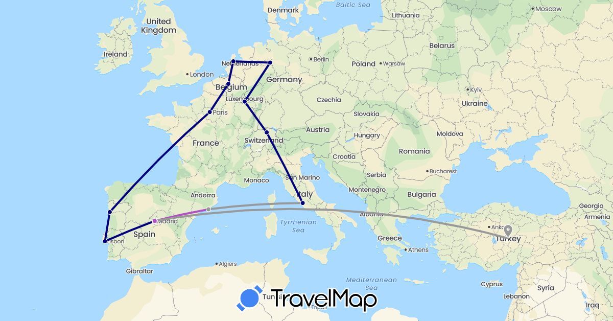 TravelMap itinerary: driving, plane, train in Belgium, Switzerland, Germany, Spain, France, Italy, Luxembourg, Netherlands, Portugal, Turkey (Asia, Europe)